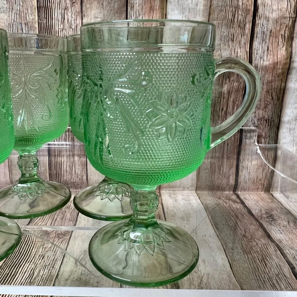 Vintage Indiana Glass Pedestal Glasses with Handles, Chantilly, Sandwich Glasses